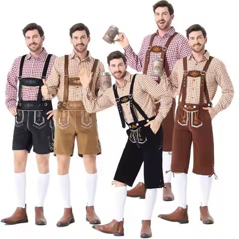 Mens Plaid Shirt Embroidered Bib Pants Munich Oktoberfest Halloween Cosplay Party Costume