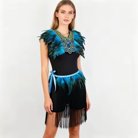 Halloween festival fake feather shawl feather tassel skirt set, blue feather fashion non-elastic dec