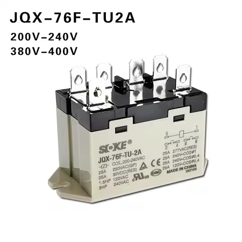 SOKE Small high power relay JQX-76F-TU-2A 220VAC 380-400VAC 25A RGF2OU740 RGF2OU900 6PIN JQX76FTU2A 