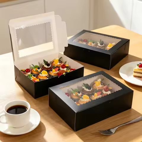 12 Cavity Black Cupcake Box with Scalloped Clear Window, Paper Muffin Holder Box for Birthday Weddin