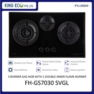 FUJIOH 3 BURNER GAS HOB WITH 1 DOUBLE INNER FLAME BURNER FH-GS7030 SVGL BLACK GLASS TOP