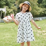 十九車童裝韓國女童短袖白色連身裙波點夏季2121新款女孩兒童裙子洋裝中長款10歲