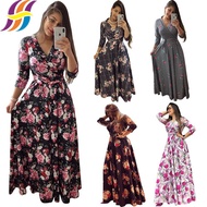 Women's Dress Floral Print Maxi Dress A Line Long Dresses Casual Wrap Long Dress V-neck 3/4 Sleeve Party Dress With Belt Bohemia Oversized Women Maxi Dresses Muslimah Jubah(S~5XL)