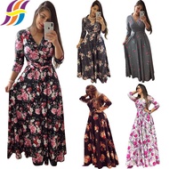 Women's Dress Floral Print Maxi Dress A Line Long Dresses Casual Wrap Long Dress V-neck 3/4 Sleeve P