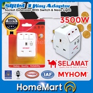 SELAMAT MYHOM 13A 3 Way Adaptor Extension Socket With Neon Switch SIRIM Adaptor SA-32 131UK