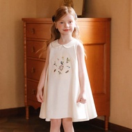 Summer Kid Girl Dress Beige Embroidery Flowers Girl Outfit