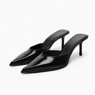 Zara Autumn New Product TRF Women's Shoes Black Silver Burst Crack French Style Muller Shoes Pointed Half-Slippers Women's Sandals