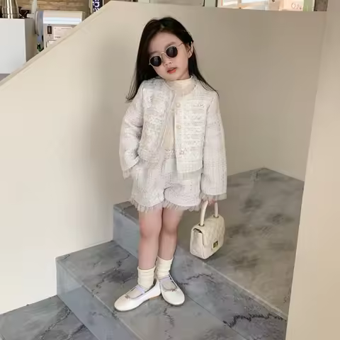 Children Clothes Sets Korea 2022 Spring Autumn Girls Lace Coat and Short Pants Sweet Princess Full S