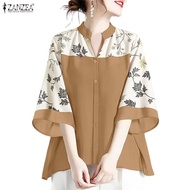 ZANZEA Women Korean Casual Print Front Button O-Neck 3/4 Sleeve Shirts
