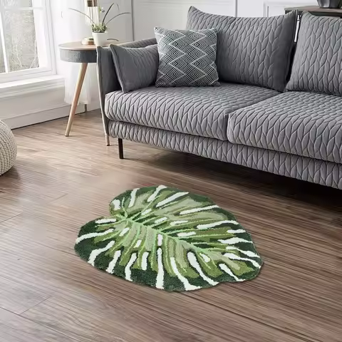 Irregular Plant Monstera Tufted Rug Plush Tropical Leaf Area Rug for Living Room Bathroom Green Mons