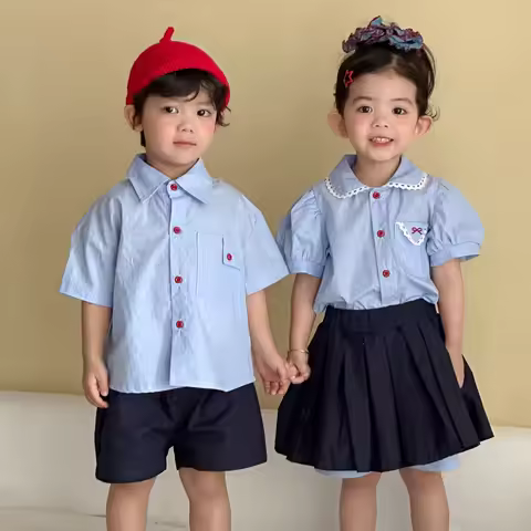 RAISE Summer Kids Siblings Attire Cotton Thin Red Button Children Girls Peter Pan Shirts+pleated Ski