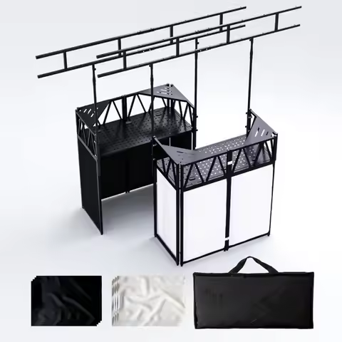 Portable DJ Booth,Foldable DJ Table Stand with Light Stand White & Black Scrim,Adjustable DJ Facade 
