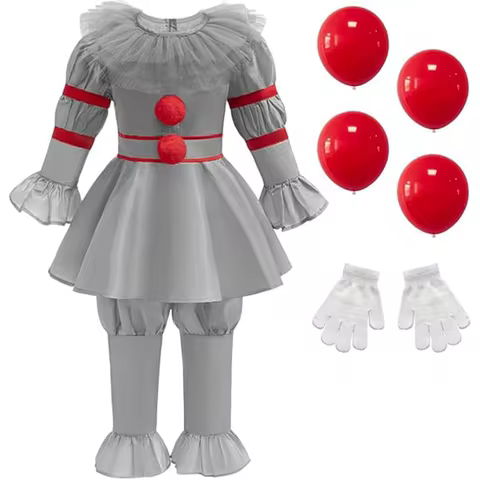 Kids Scary Joker Pennywise Cosplay Costume Horror Ghost Movie It Puff Sleeve Tulle Collar Top With P