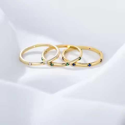 Simple Ring Set Gold Plated 925 Sterling Silver Pave Setting Different Color Stone Jewelry
