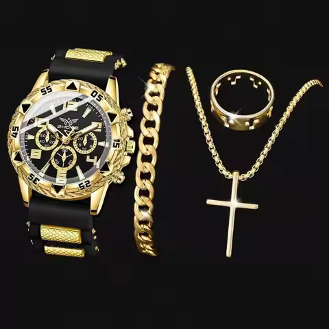 4PPC Black Men's Watch Set Fashion Trend Quartz Watch Bracelet Necklace Ring Set Perfect Gift for Fr