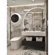 ‍🚢Modern Minimalist Solid Wood Bathroom Cabinet Combination Light Luxury Smart round Mirror Washbasin Bathroom Table