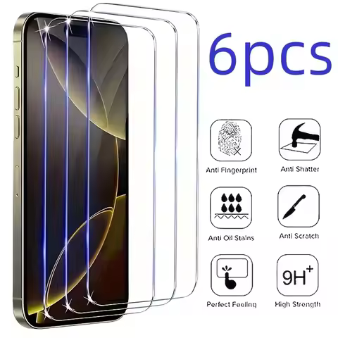 6Pcs HD Tempered Glass for IPhone 16 17 15 Pro Max 14 13 12 11 Pro Mini Screen Protectors For IPhone