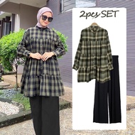 blouse labuh petak Plaid SET WARDA labuh + black pants Korean button down cotton women working blous