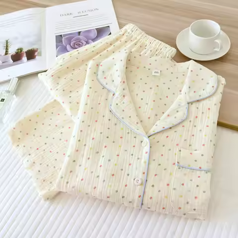 Women's Long Sleeve Trousers 100%Cotton Crepe Pajamas Double Gauze Home Clothes Home Clothes 2 Piece