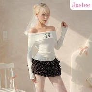 Justee Off-Shoulder Long-Sleeve T-Shirt with Slanted Flap Design and Cute Bow Print for Women