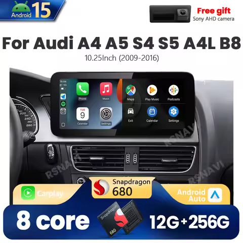 Qualcomm Snapdragon 680 Android 15 For AUDI A4 A5 S4 S5 A4L B8 2009-2016 Wireless CarPlay Auto Car R