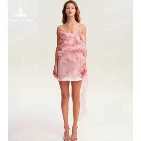 Romantic Short Pink Prom Dress 3D Floral Ruffle Evening Dress Spaghetti Strap Homecoming Dress vesti