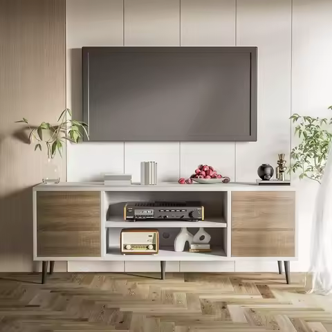 TV Stand for 65 Inch TV, Modern Entertainment Center with Storage Cabinet and Open Shelves, TV Conso