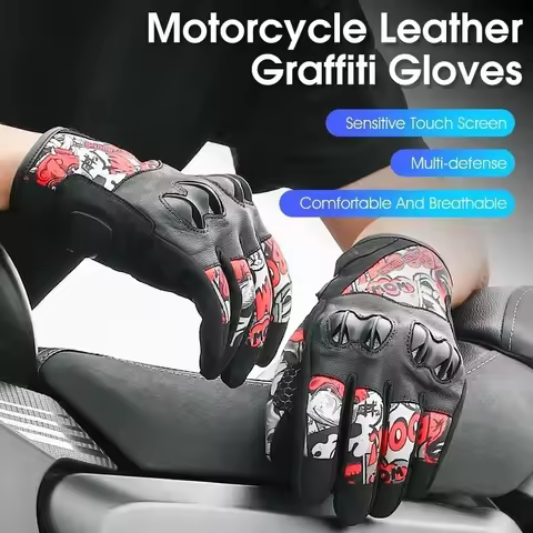 WEST BIKING Graffiti Motorcycle Gloves Anti Shock MTB Leather Gloves Full Finger Touch Screen Enduro