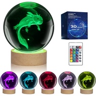 3D Axolotl Crystal Ball Night Light with 16 Color LED Wooden Base with Remote Control, 3.15 Inch Cry