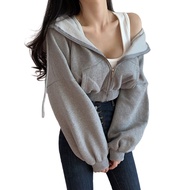 ฟรีดัน®ผู้หญิงแขนยาวสีทึบกระเป๋า Crop Top Plush Warm เสื้อคลุมแบบมีซิป Hoodie 【ใหม่ ArrivalL】