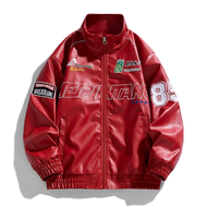 （BJYX) Mens PU Leather Jacket Vintage Racing Style Stand Collar Red Biker Coat Embroidery Print Ribb