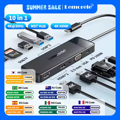 Lemorele USB-C Hub 10Ports Docking Station USB Type C to Dual HDMI 4K 30Hz VGA USB 3.0 Adapter PD100