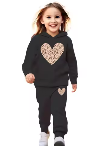 A two-piece sports hoodie set for girls in autumn and winter, with a printed hooded top and long pan