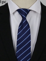 1條男士8cm條紋拉鍊領帶，商務裝工作不需要打結