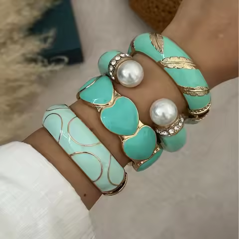 KMVEXO Imitation Enamel Feather Pattern Shape Metal Wide Bangles for Women Geometric Irregular Sprin