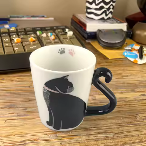 Cute Black Cat Tail Handle Ceramic Mug - 3D Cat Coffee Cup with Paw Print Inside, Novelty Tea Cup Gi