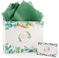 Green Paper Gift Bag 60th Birthday, White Sage Green Gift Bag with Silk Ribbon, 33 x 25 x 11 cm Size