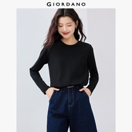 GIORDANO Women T-Shirts 100% Cotton Solid Color Simple Basic Tee Soft Crewneck Long Sleeve Fashion C