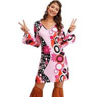 60s 70s Retro Outfit For Women Dress Hippie Costume Disco Flower Dress Halloween Purim Carvinal Part