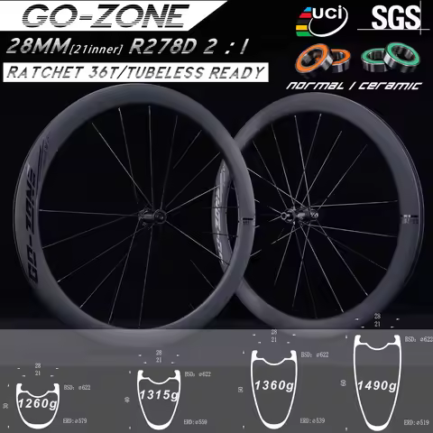 Ultralight 1260g 700c Road Carbon Wheels Disc Brake Ratchet R278D 2:1 Tubeless Normal/ Ceramic UCI A