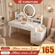 Meja Makeup Dressing Table with LED Mirror Makeup Table with Drawer and Metal Handle Bedroom Storage