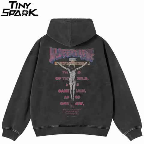 Hip Hop Men Sweatshirt Hoodie Streetwear Jesus Letter Print Washed Pullover 2026 Autumn 100 Cotton H
