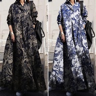 Raya SALE Abaya Baju Kurung Moden Muslimah Robe Plus Size Women Printed Cotton Linen Retro Ethnic Loose Swing Dress