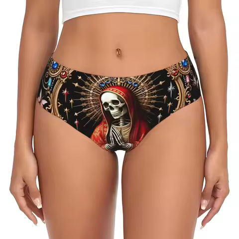 Gothic Praying Skeleton Virgin Mary Brief Panties Women's Breathable Stretch Santa Muerte Mexican Un