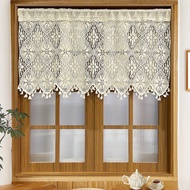Boho Tassels Crochet Short Curtains Cotton Farmhouse Knitted Lace Sheer Curtain Bohemian Kitchen Valance for Bedroom Living Room-Flower Pattern Country Style Rod Pocket Top Drapes