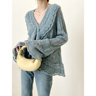 สีฟ้าถักเสื้อกันหนาวบางหลวมขี้เกียจ Leaf EDGE เสื้อสเวตเตอร์ถักที่ไม่ซ้ํากันนมระบบสวมใส่ผู้หญิงแขนยา