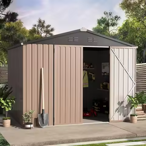 6' x 8' Outdoor Metal Storage Shed, Heavy Duty Outside Tool Storage Shed with Lockable Double Hinged