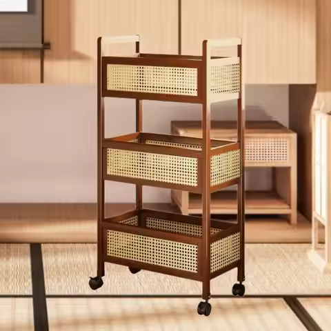 Wooden 3 Tier Rolling Utility Cart with Baskets Quick Installation for Home Office Versatile with Wh