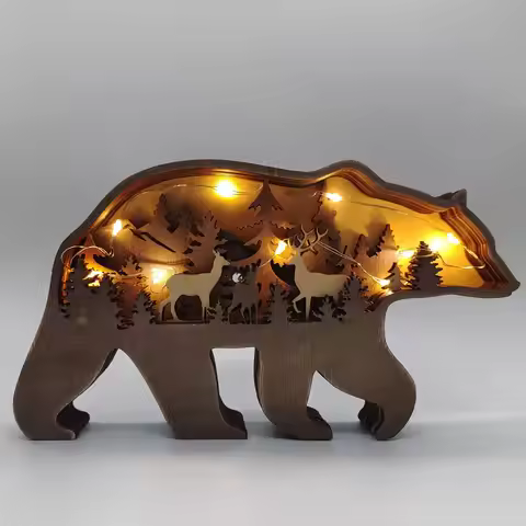 2023 New DIY Wood Elk Brown Bear Ornament Decoration Home Wooden Brown Bear Light Craft Ornament Dec