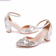 XSHXY · 7cm Thick Heel Pointed Shoes Hollow Square Root Sandals Rhinestone Wedding Women White Brida